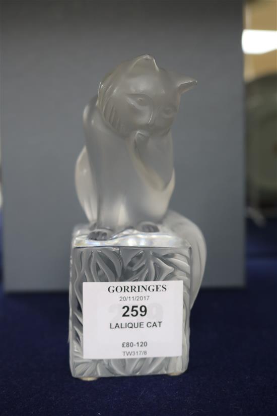 A Lalique frosted glass seated cat on plinth base (boxed with certificate)